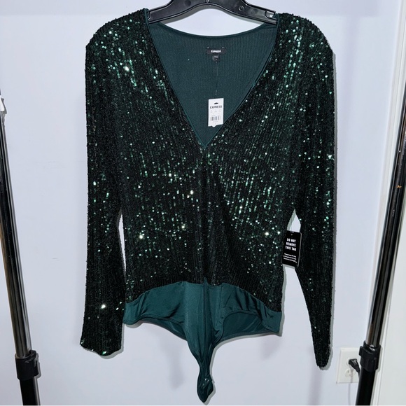Express Tops - Express Green Sequin V Neck Thong Bodysuit Size L NWT!